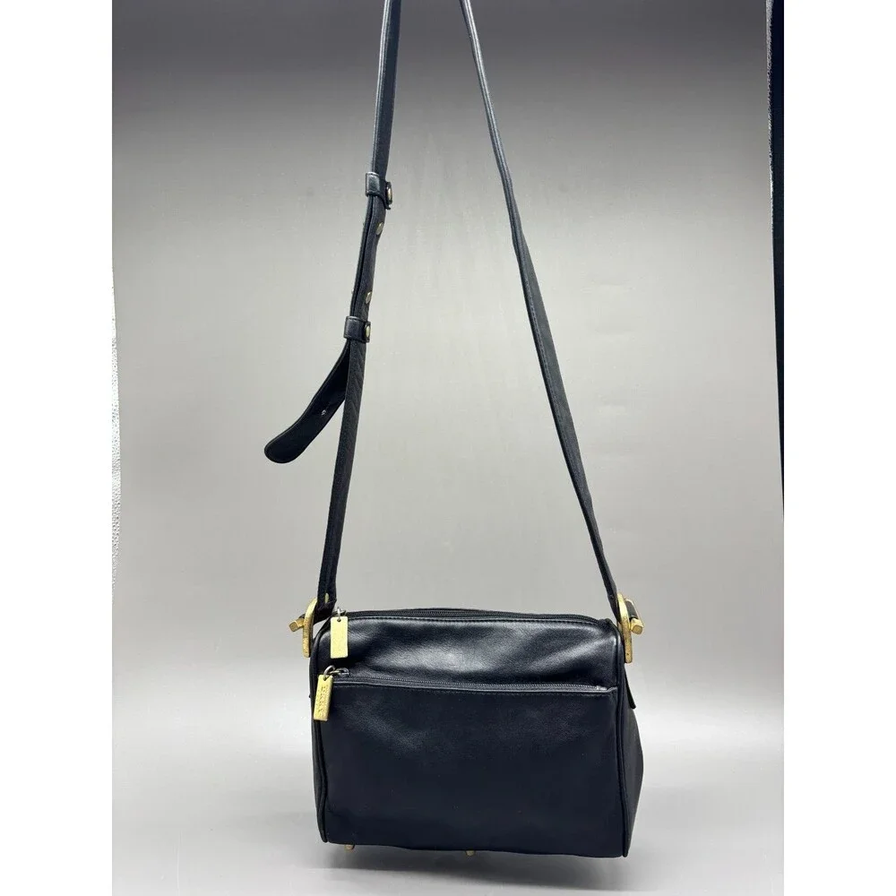 Vintage DKNY Donna Karan New York Black Leather Crossbody Bag Korea Brass '90s